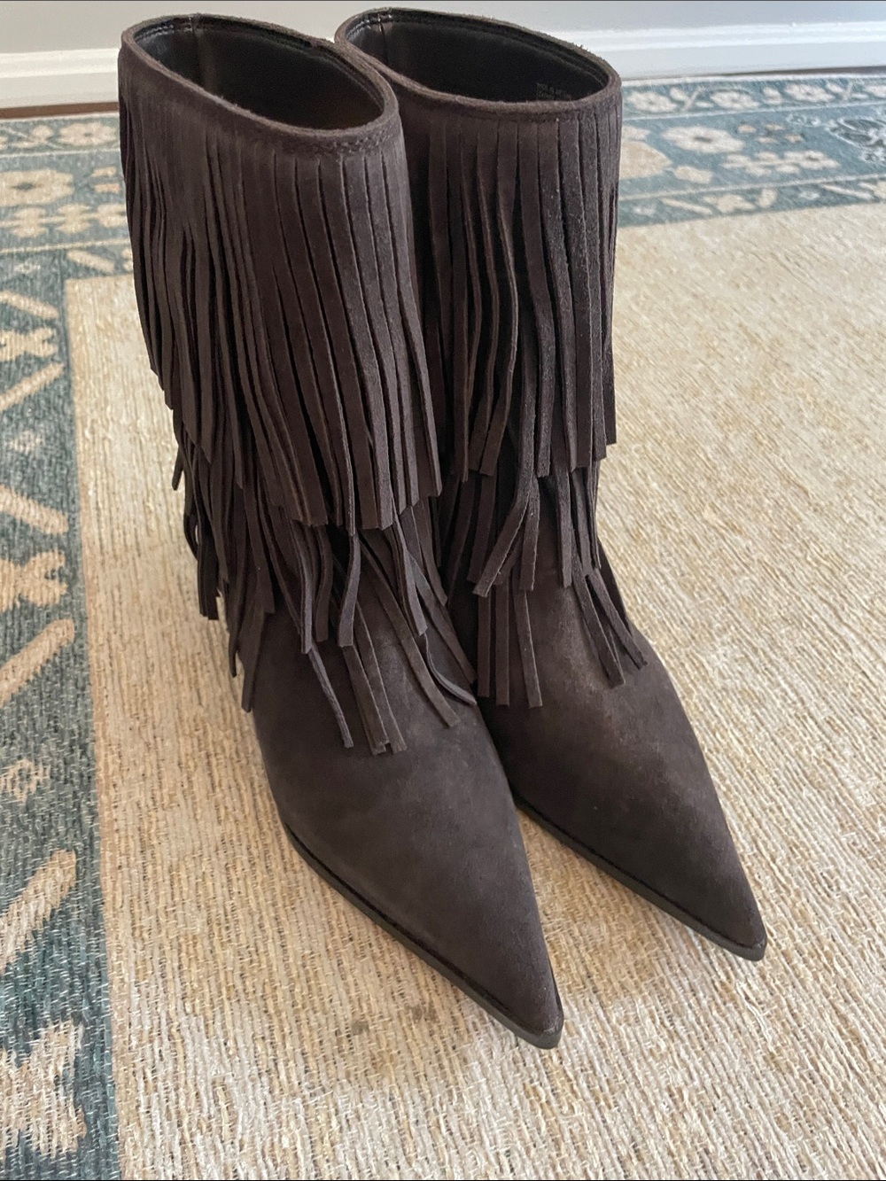 Michael Kors Dark Brown Suede Fringe Pointed-Toe Ankle Boots